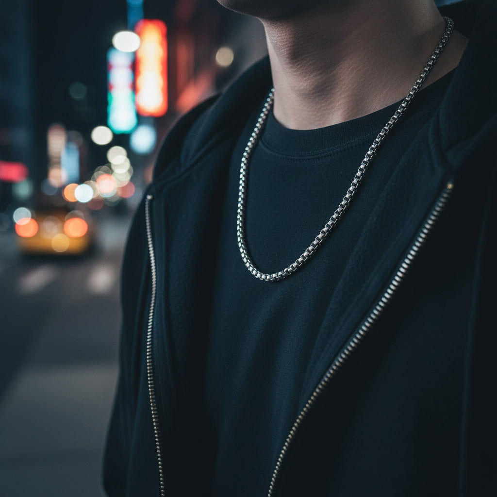 Silver Round Box Chain Necklace - Modern Elegance
