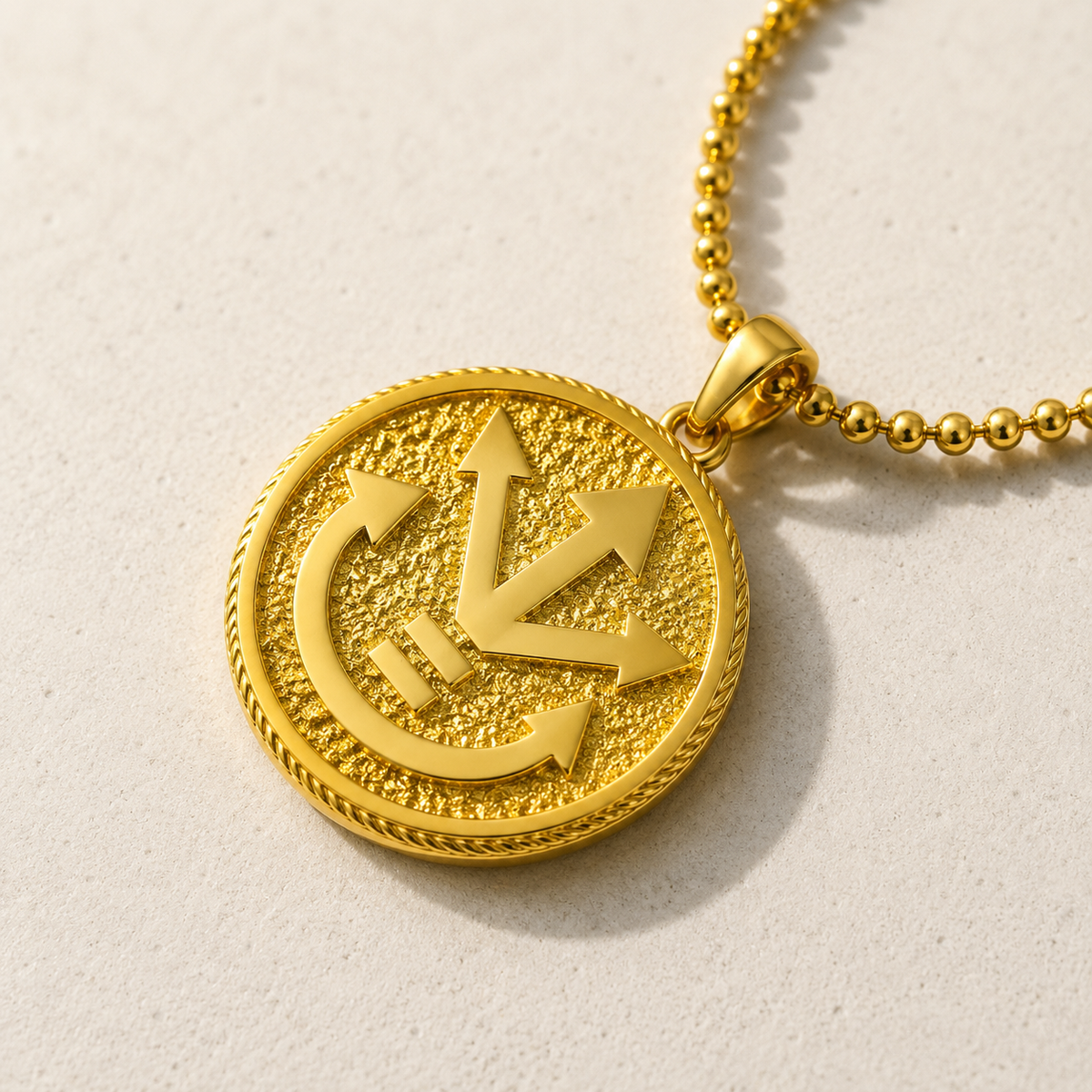 Gold necklace with a detailed pendant on a white background