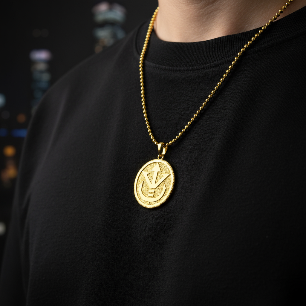 Person wearing a gold necklace with a circular pendant on a black background