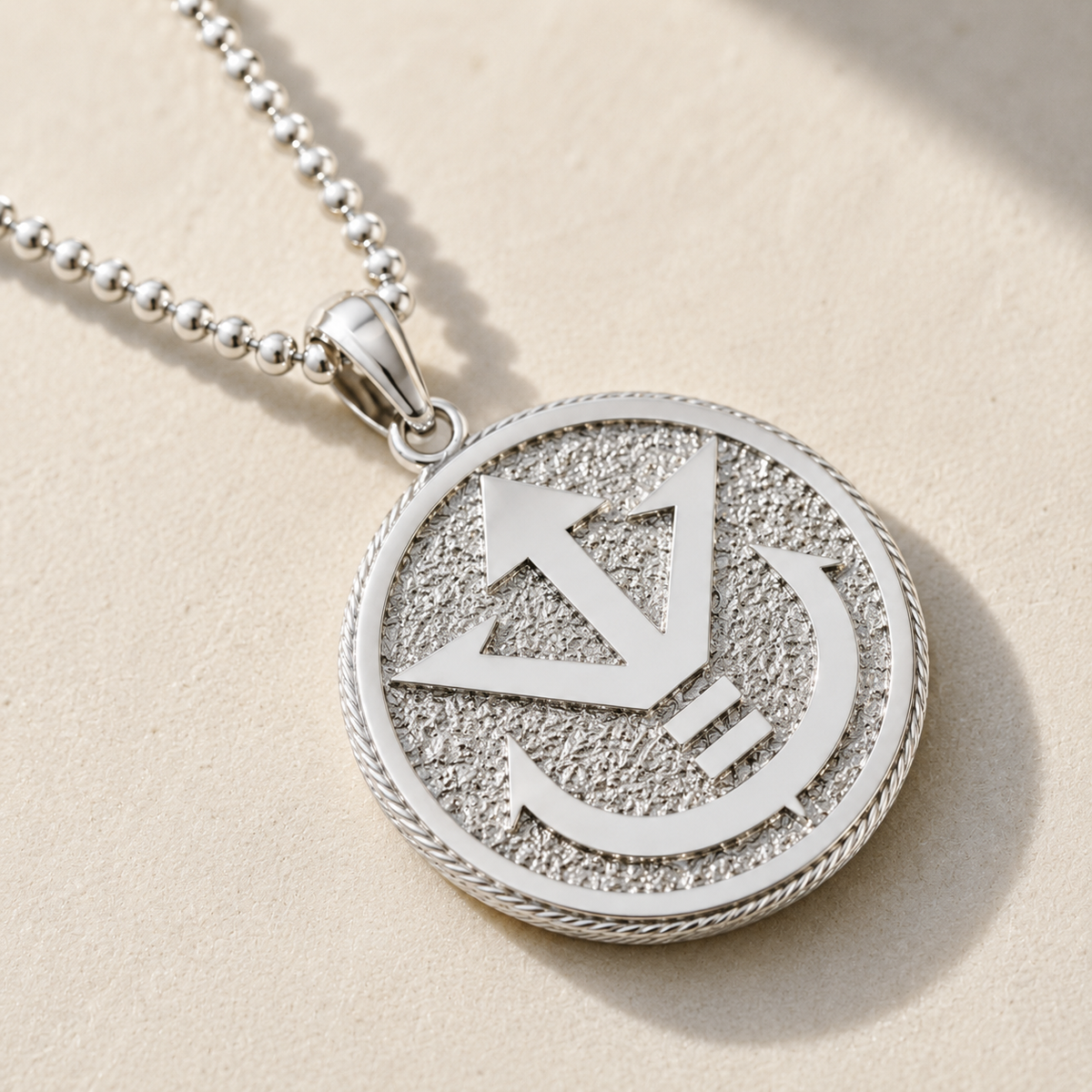 Silver necklace with a round pendant on a light gray background