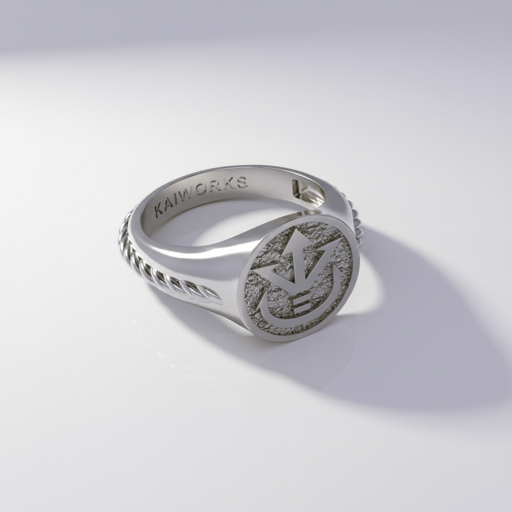 A digital image of a signet ring with a yellow band featuring a black and gray emblem, set against a stylized background with a character and cosmic elements.