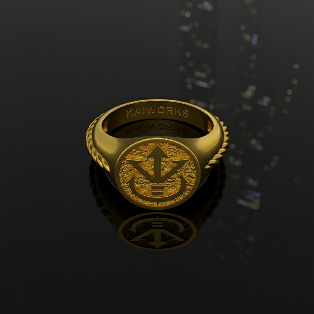 Gold ring with a detailed emblem on a reflective black surface
