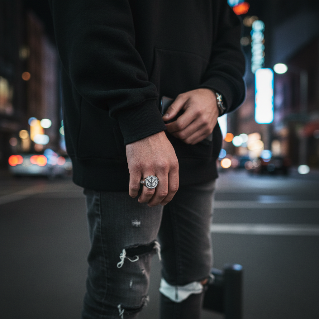 Person wearing a Royal Crest Signet Ring while standing on a city street at night.