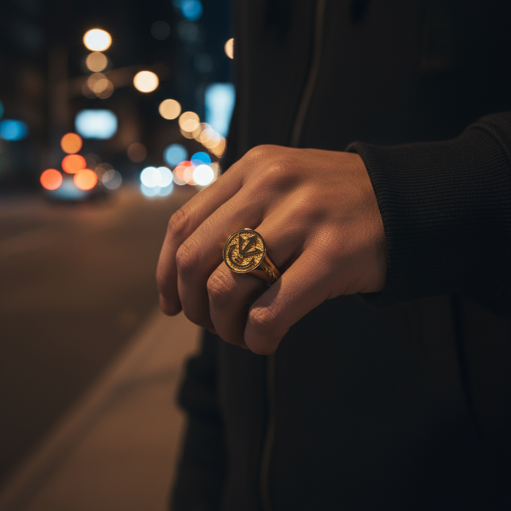 Hand wearing a Royal Crest Signet Ring, showcasing its gold design against a blurred city night background.