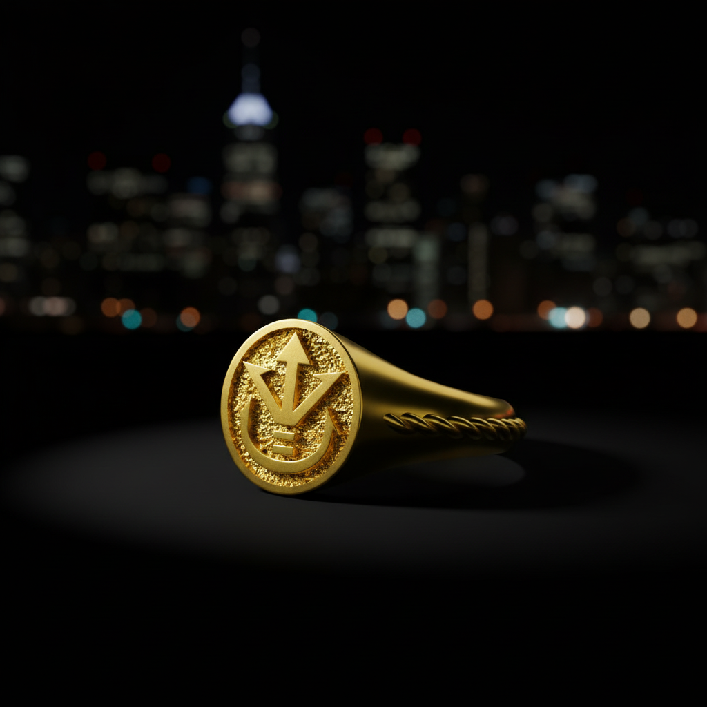 Royal Crest Signet Ring displayed in a dimly lit urban setting, highlighting its intricate design and golden shine.