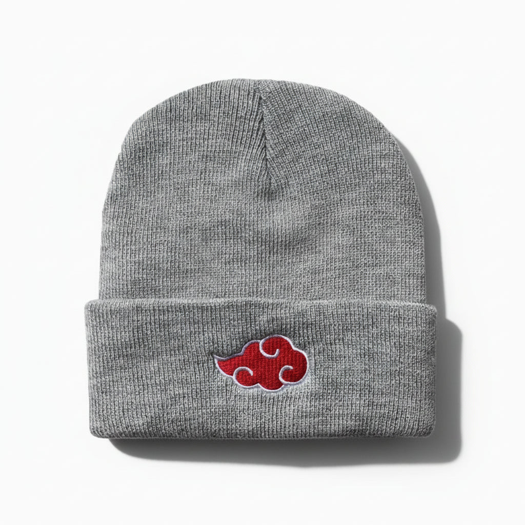 A collection of anime-inspired beanies in black, red, white, and gray, each featuring a red cloud logo.