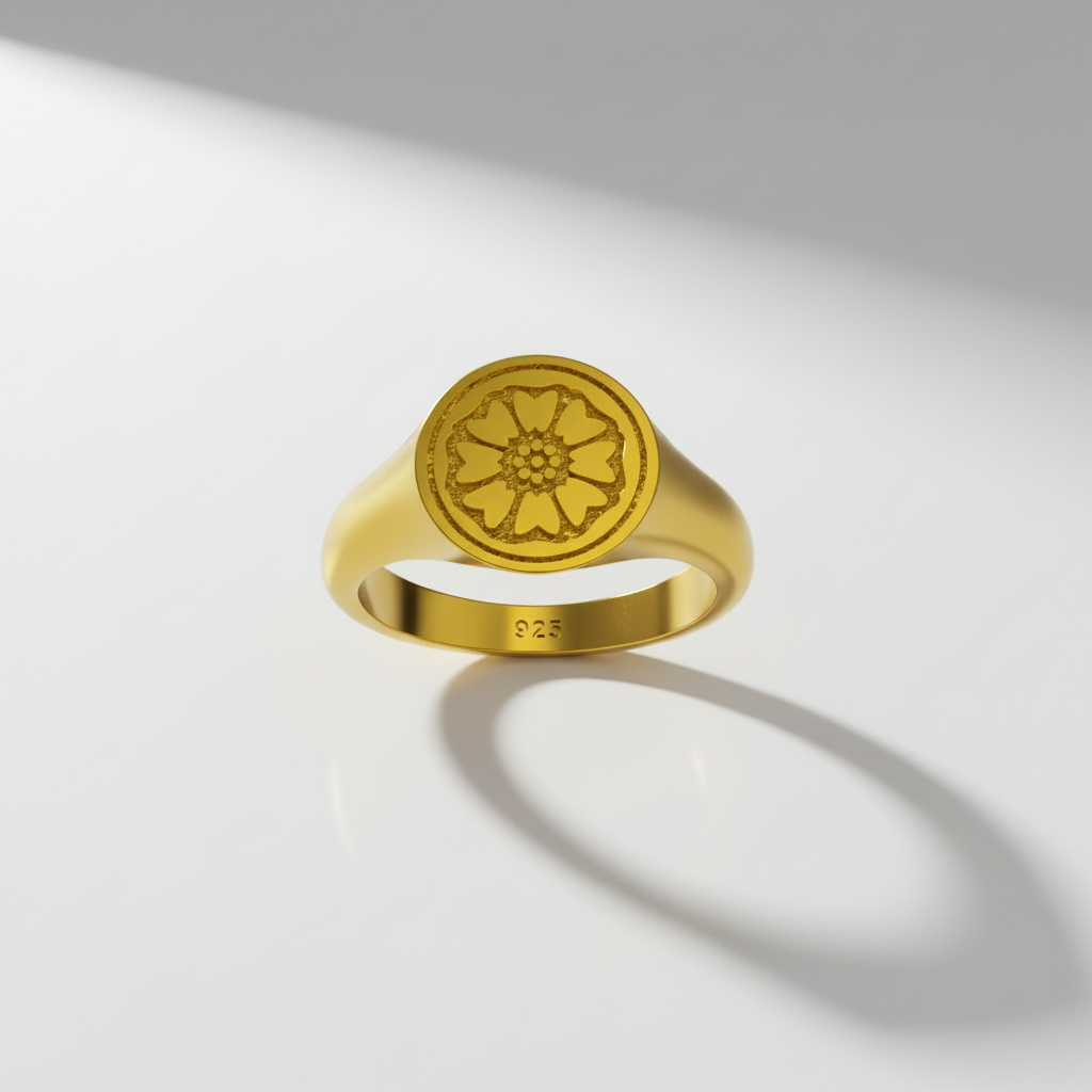 A silver signet ring with a lotus flower design, displayed against a backdrop with colorful abstract patterns.
