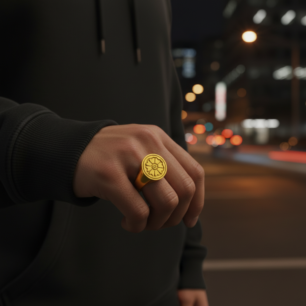 Hand wearing a gold ring with a blurred city street background