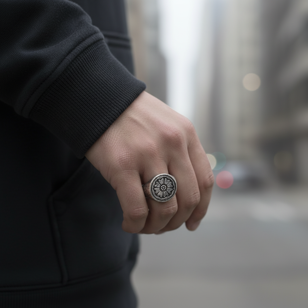 Hand wearing a ring with a blurred city street background