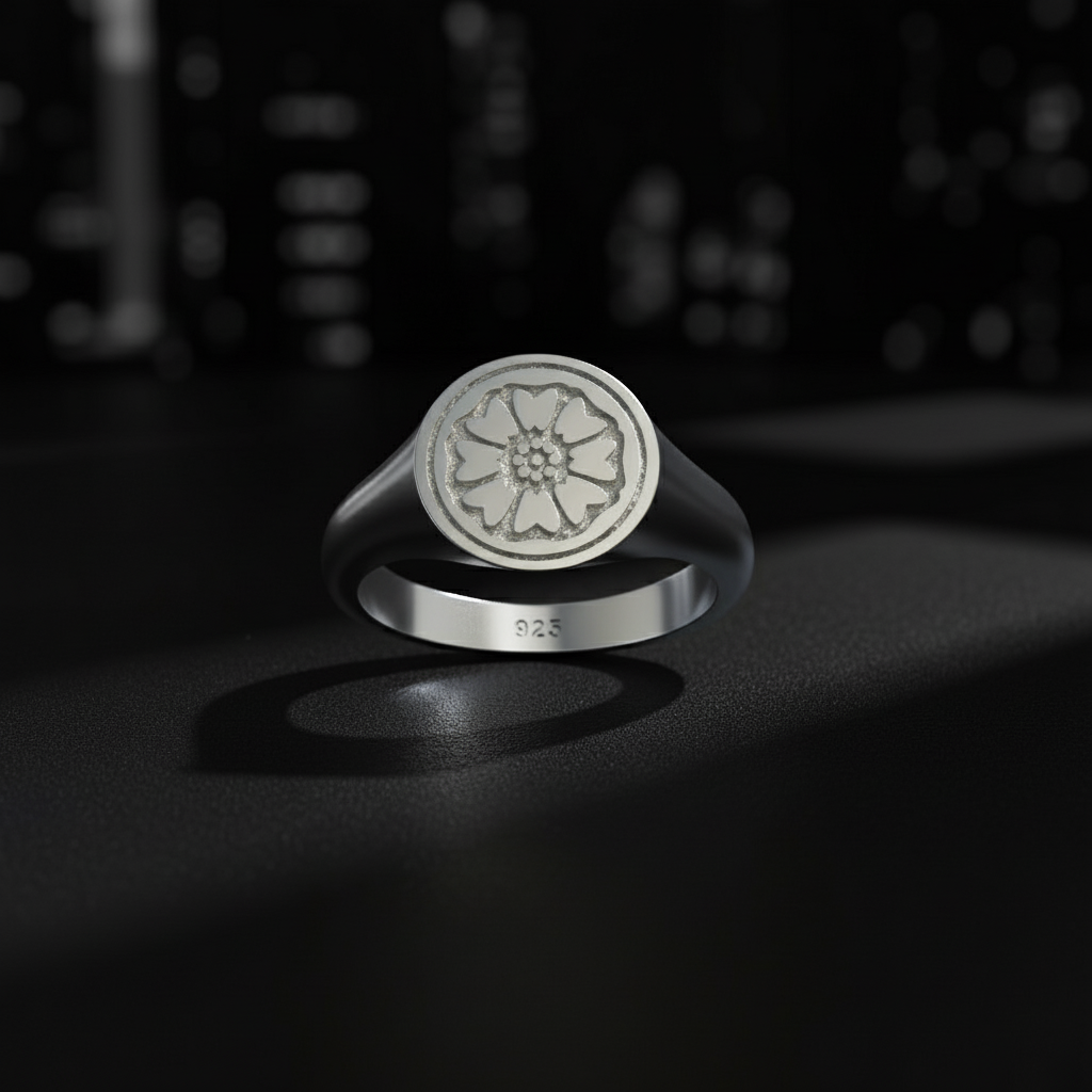 Silver ring with floral design on a dark background
