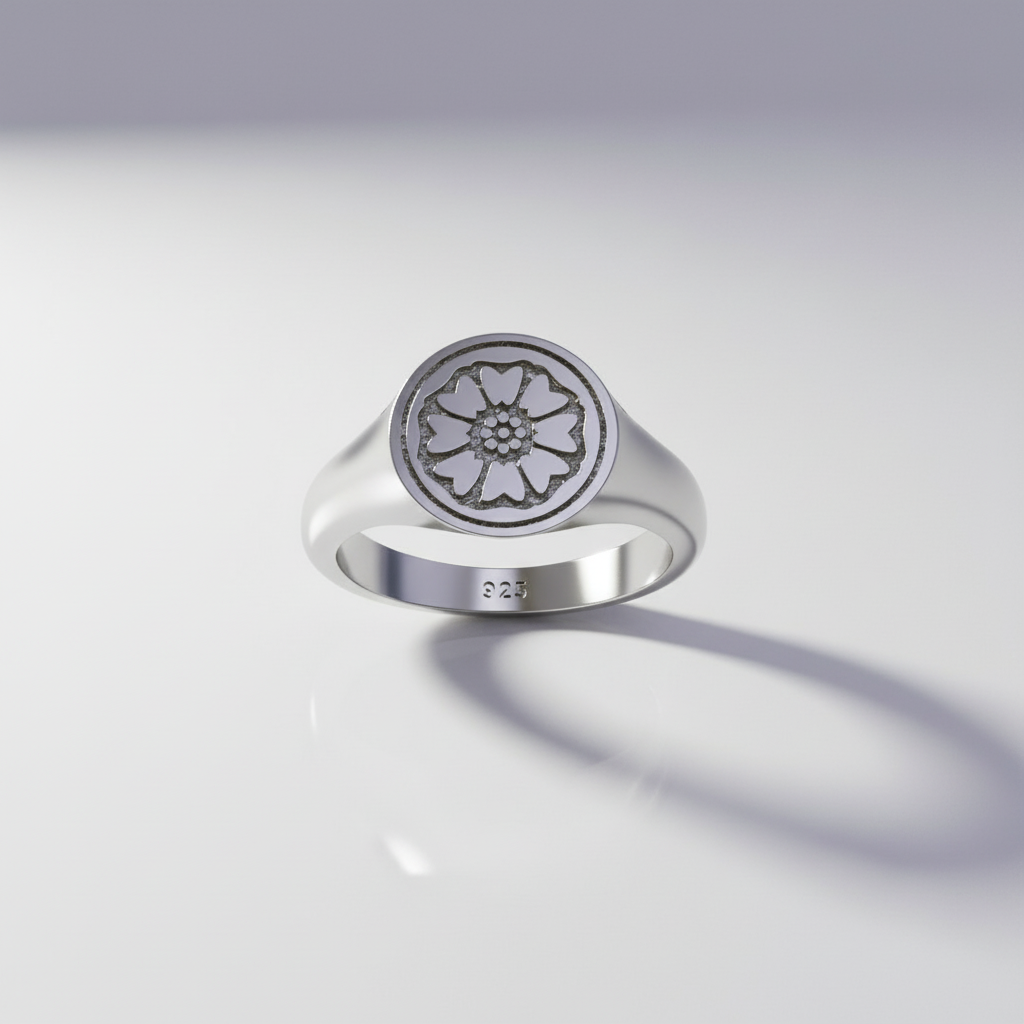 A silver signet ring with a lotus flower design, displayed against a backdrop with colorful abstract patterns.