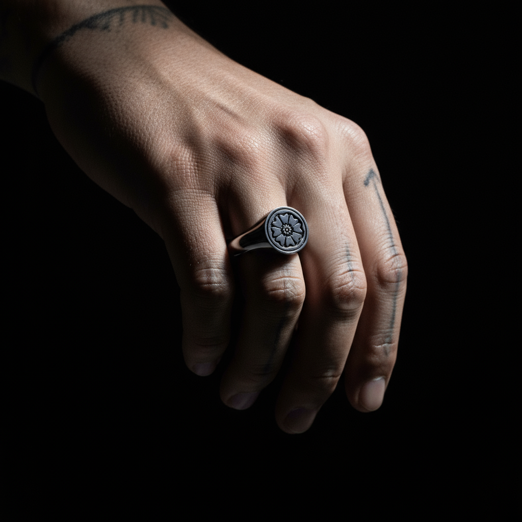 Hand wearing a silver ring with a black background