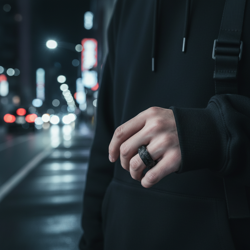 Person wearing a dark hoodie with a blurred city street at night in the background
