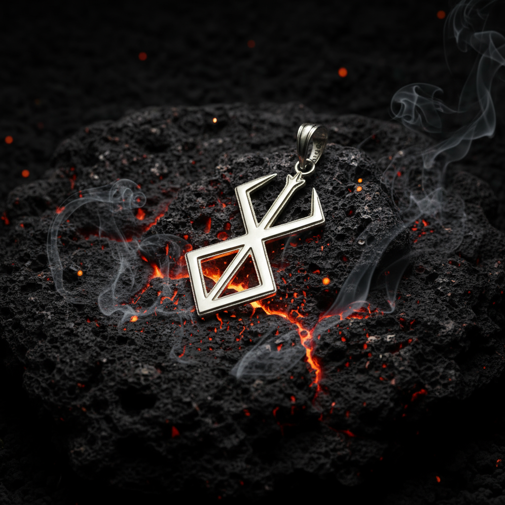 Sacrifice Pendant Anime Inspired on a dark volcanic rock with smoky flames and a dramatic background.