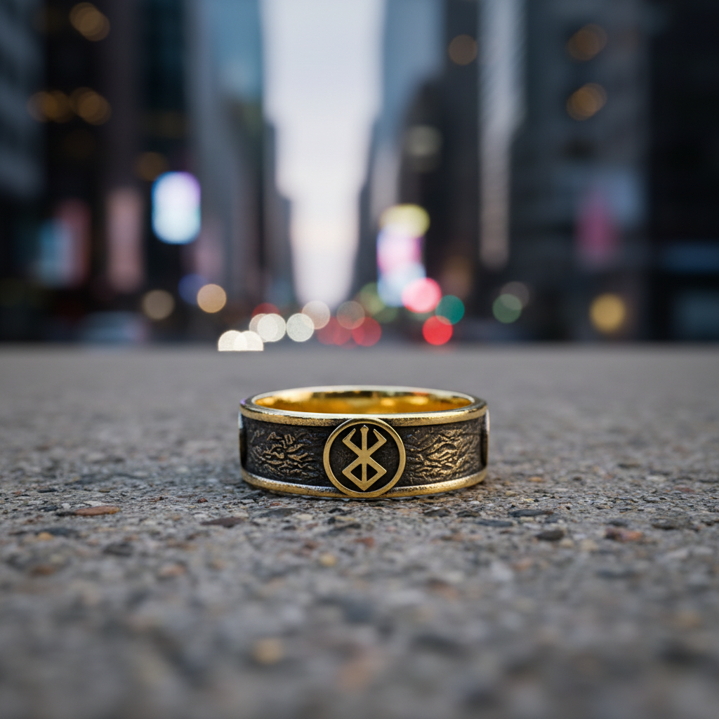 Sacrifice Ring Band - Anime Inspired displayed on a city street with blurred lights in the background.