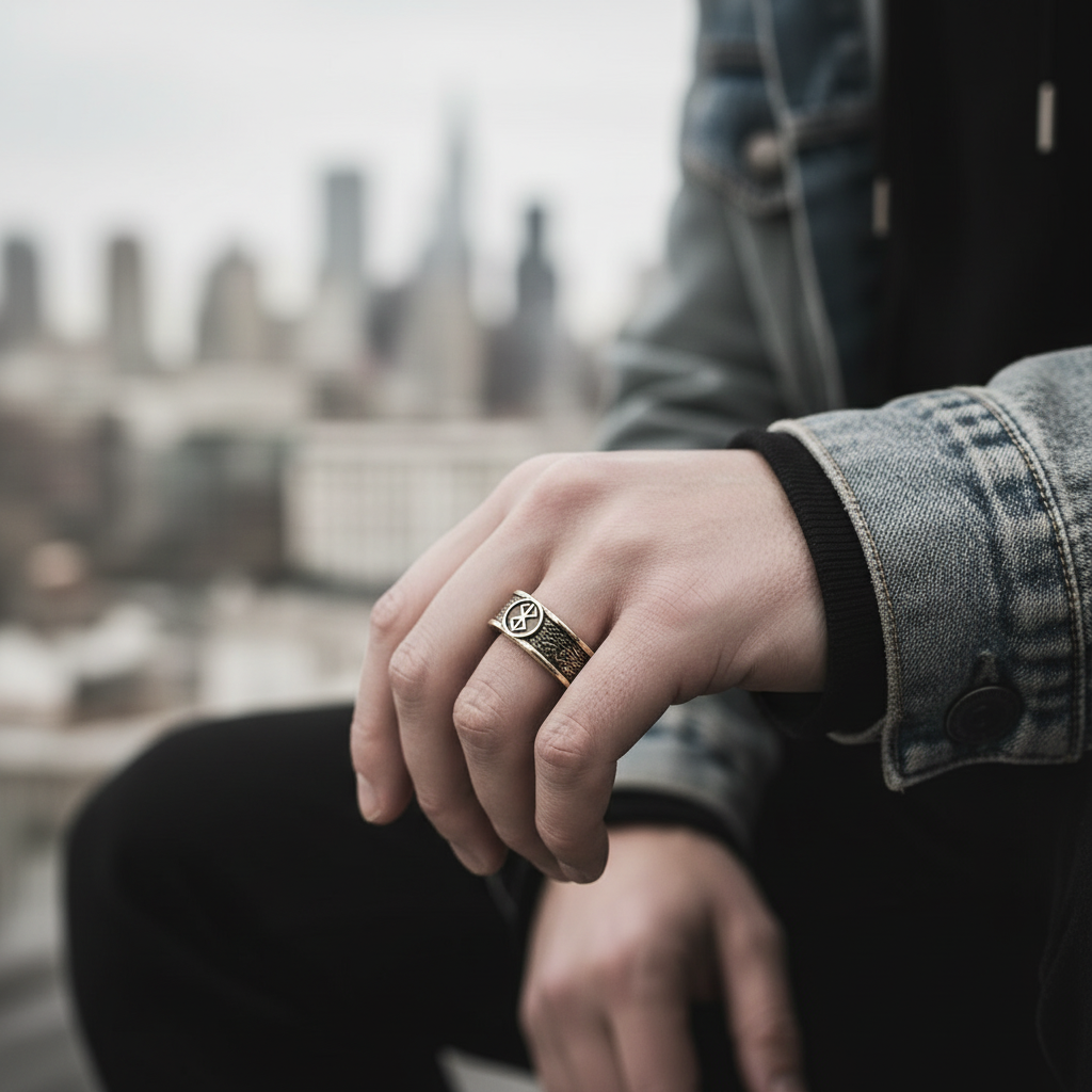 Sacrifice Ring Band - Anime Inspired worn on hand with city skyline in background, showcasing detailed design and style.