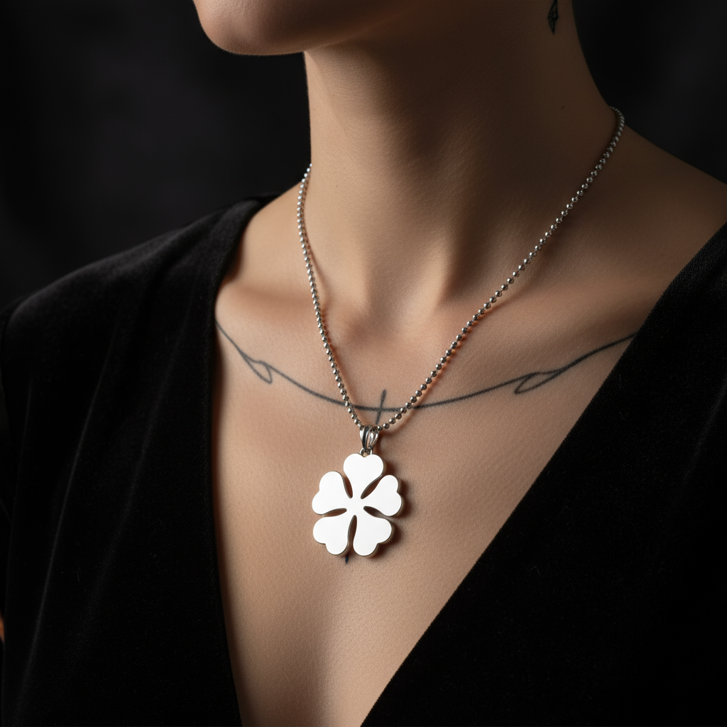 Necklace with a white four-leaf clover pendant on a dark background