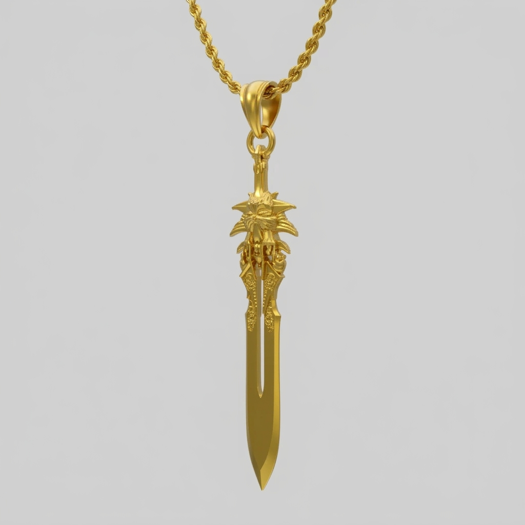 Gold dagger-shaped pendant on a chain against a white background