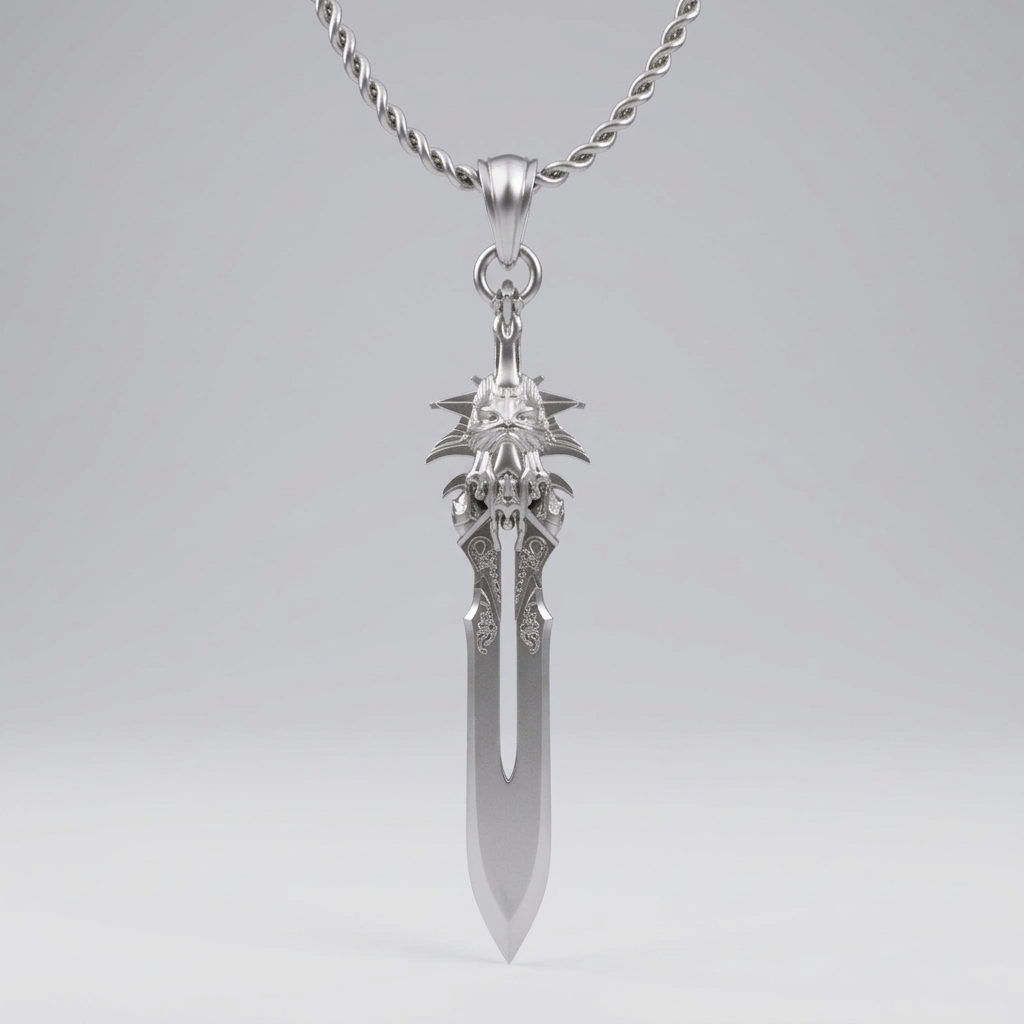 Silver sword-shaped pendant on a chain against a light gray background