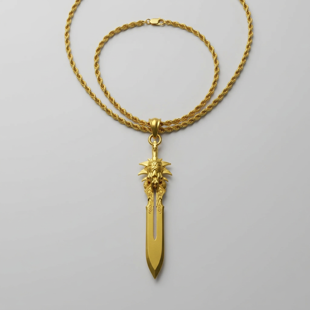 A 925 sterling silver pendant with 18K gold vermeil detailing, designed to resemble the Blade of Olympus from the God of War series.