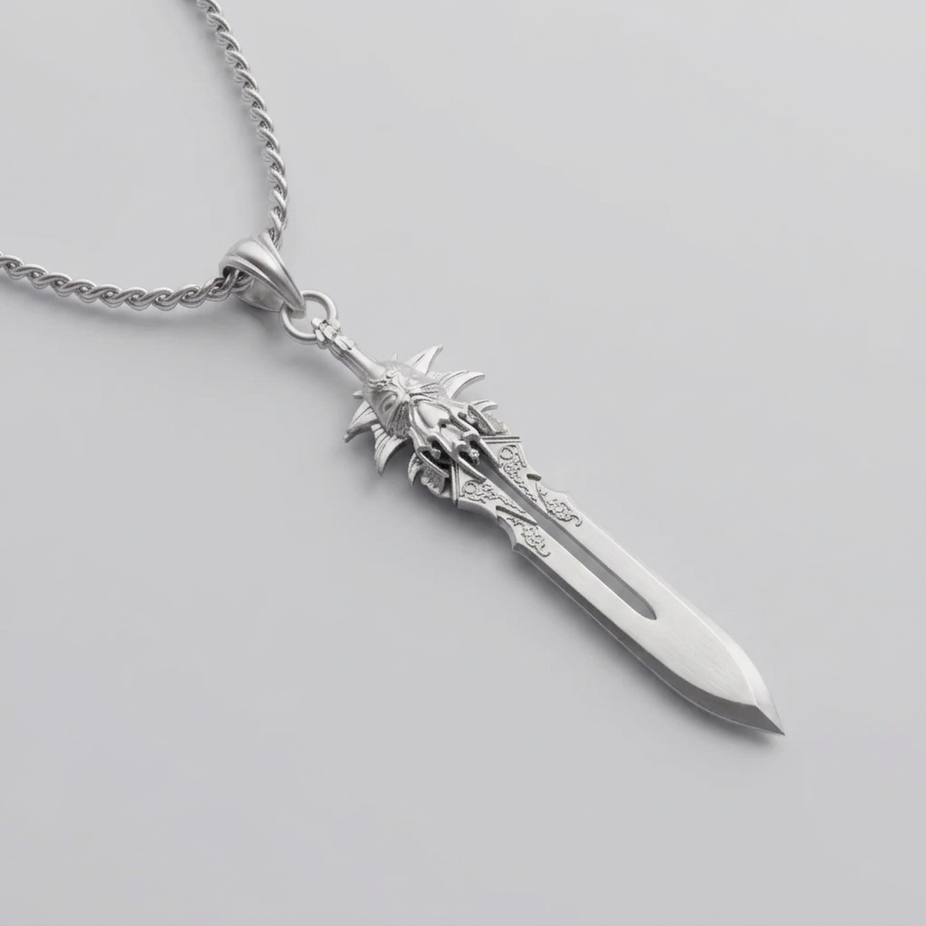 A 925 sterling silver pendant with 18K gold vermeil detailing, designed to resemble the Blade of Olympus from the God of War series.
