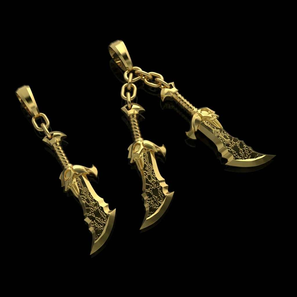 Gold sword-shaped pendant on a dark, textured background with fiery effects.