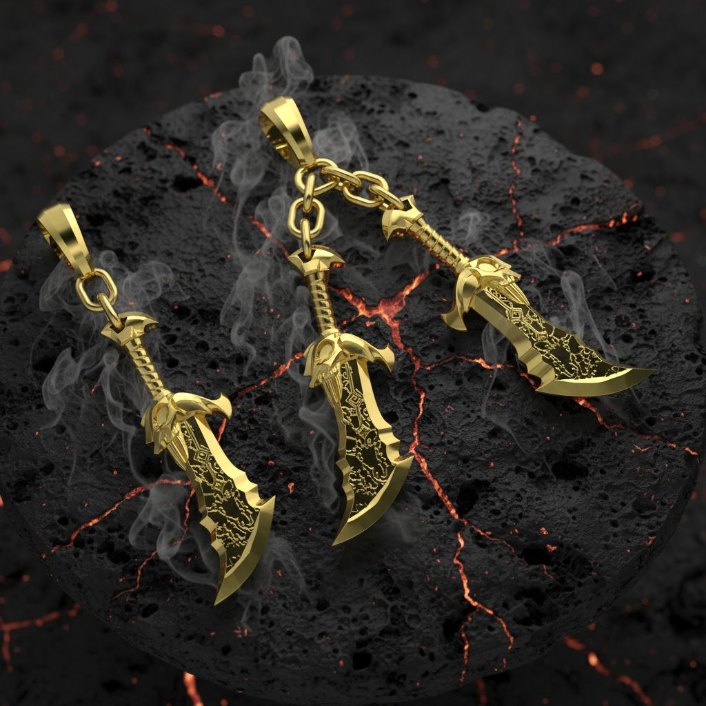 Gold sword-shaped pendant on a dark, textured background with fiery effects.