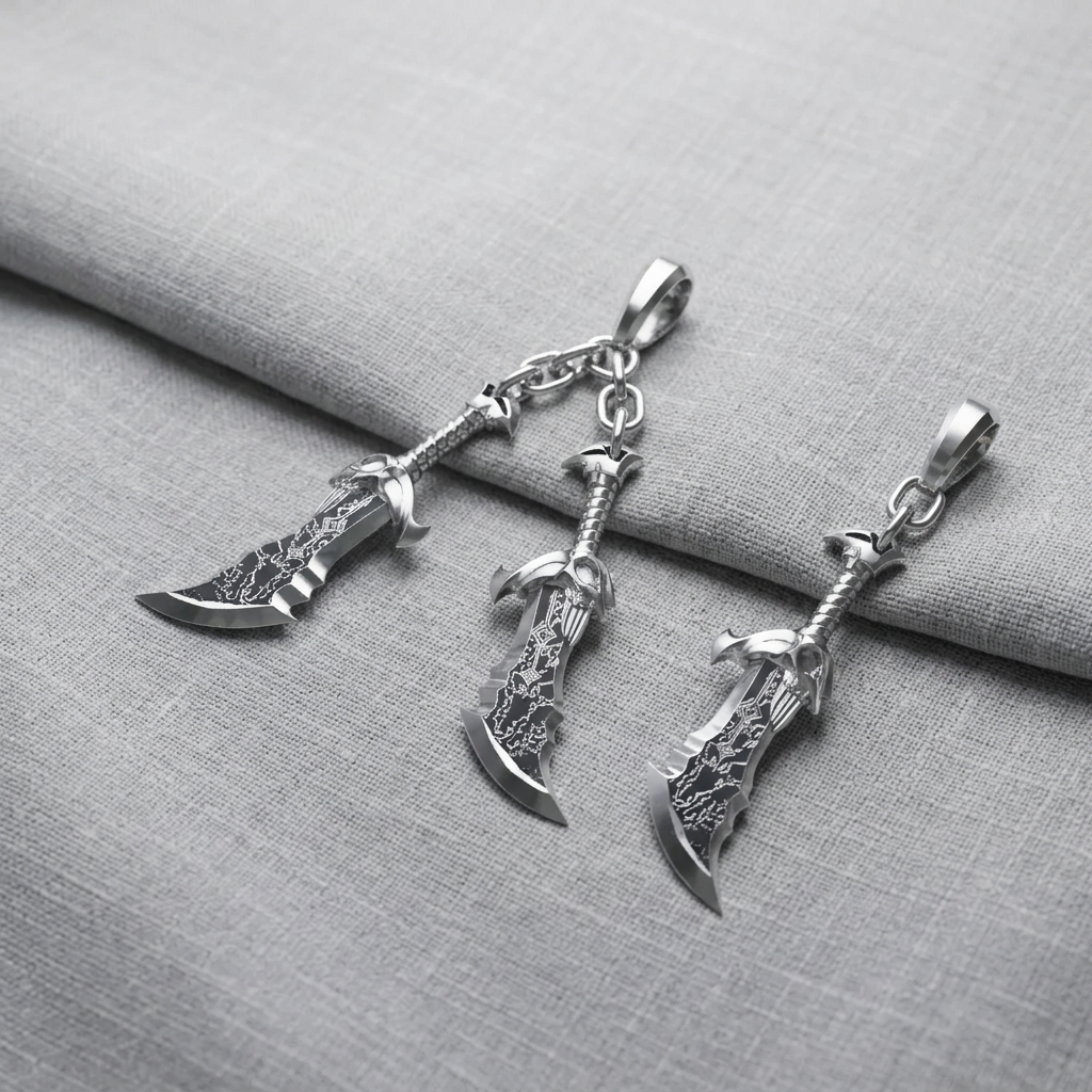 Three silver sword-shaped pendants on a black background