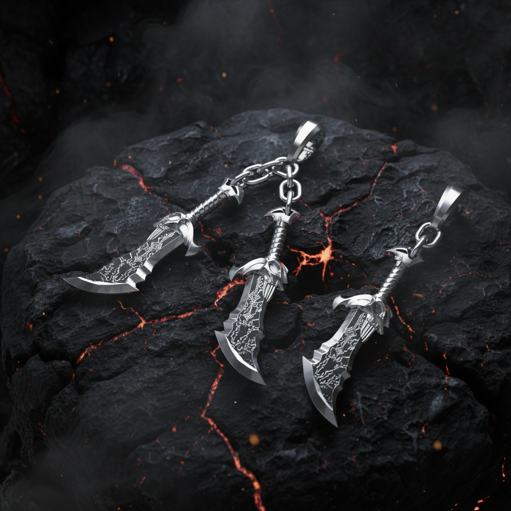 Three silver sword-shaped pendants on a black background