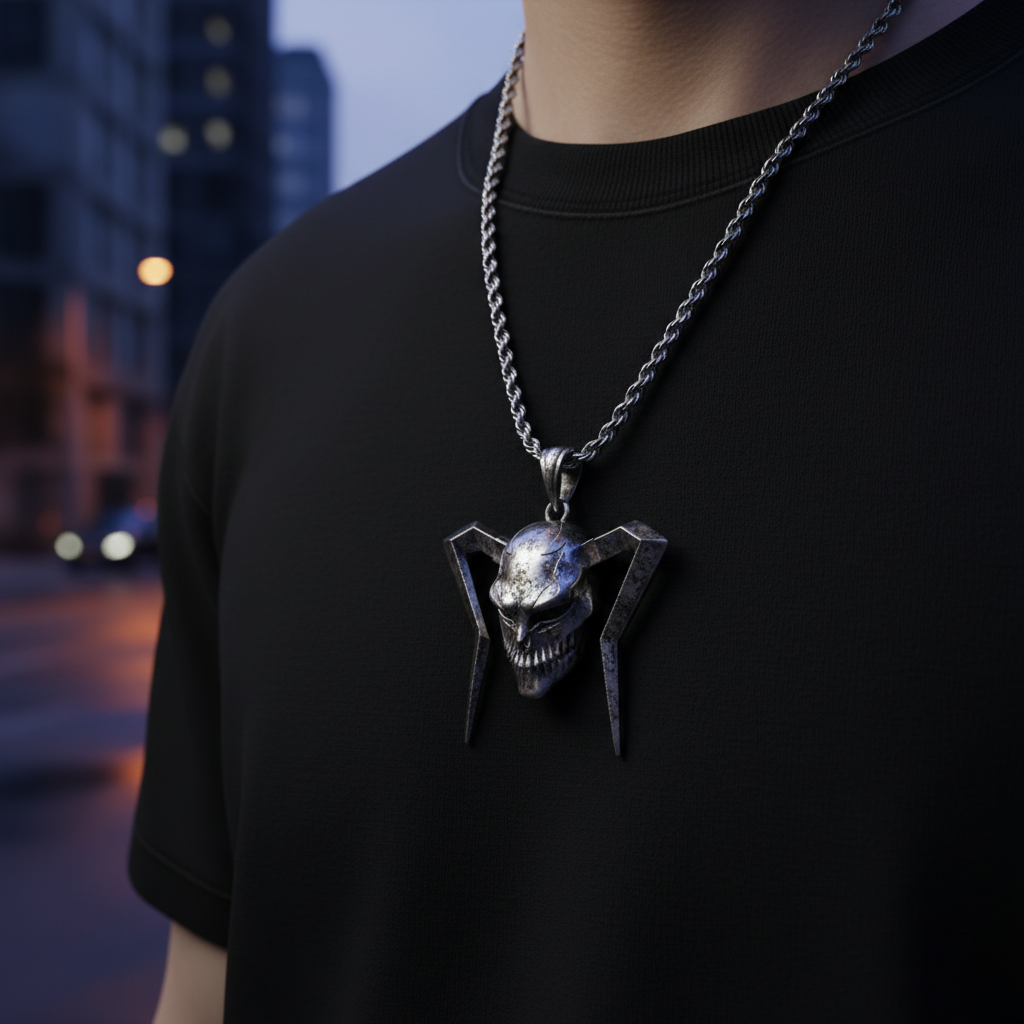 Full Hollow Mask pendant crafted in sterling silver worn with a chain, showcasing its intricate design.