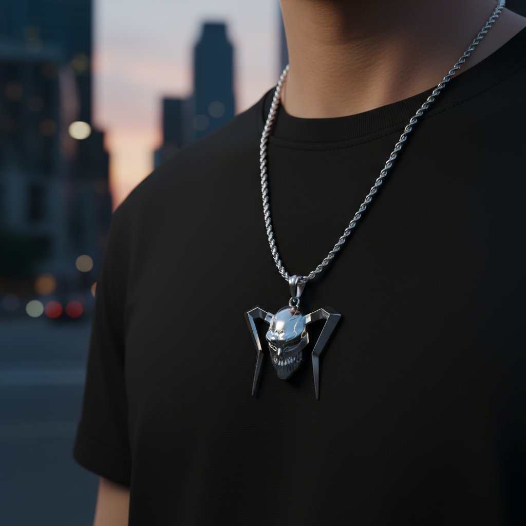 Model wearing a Full Hollow Mask pendant necklace, featuring a detailed skull design and chain, cityscape background.