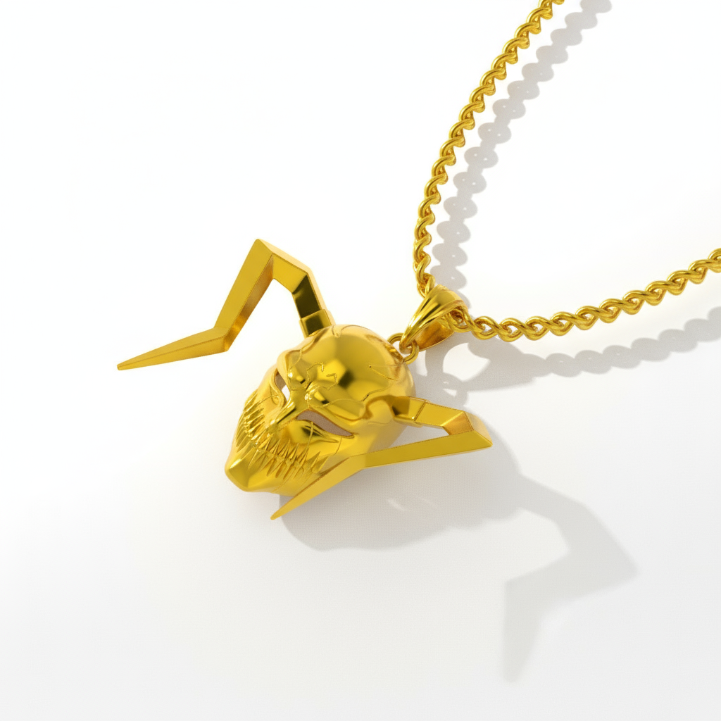 Full Hollow Mask pendant in gold with intricate design and matching chain