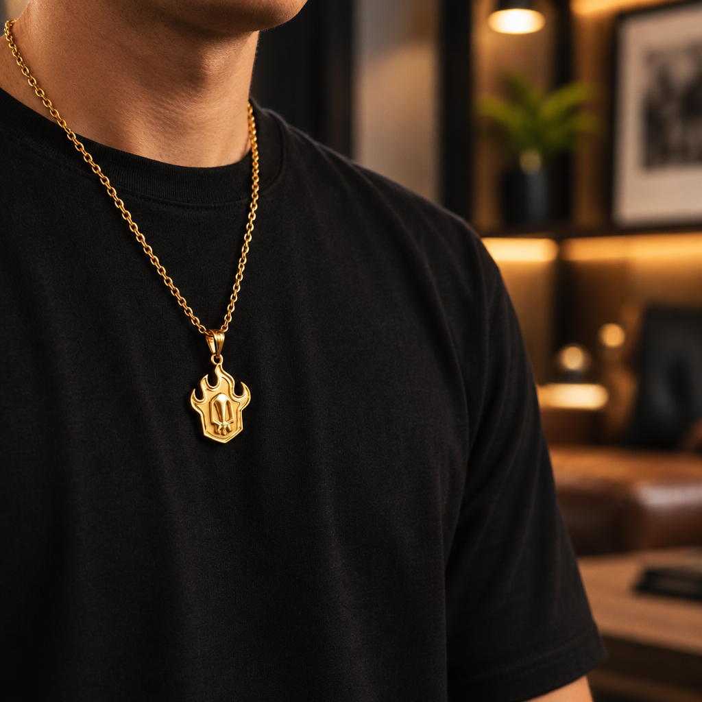 Person wearing a gold necklace with a flame pendant against a blurred city street background