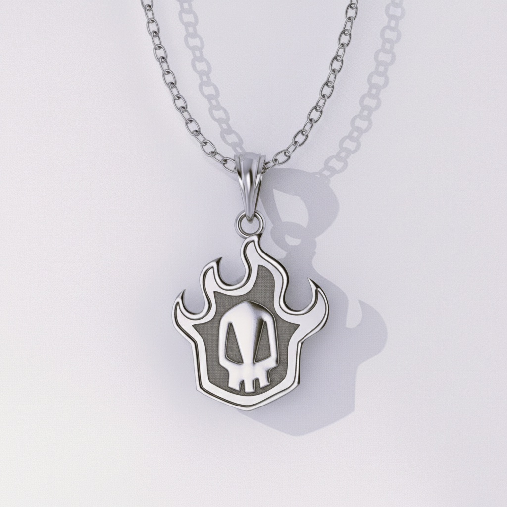 Silver necklace with a flame-shaped pendant on a light gray background
