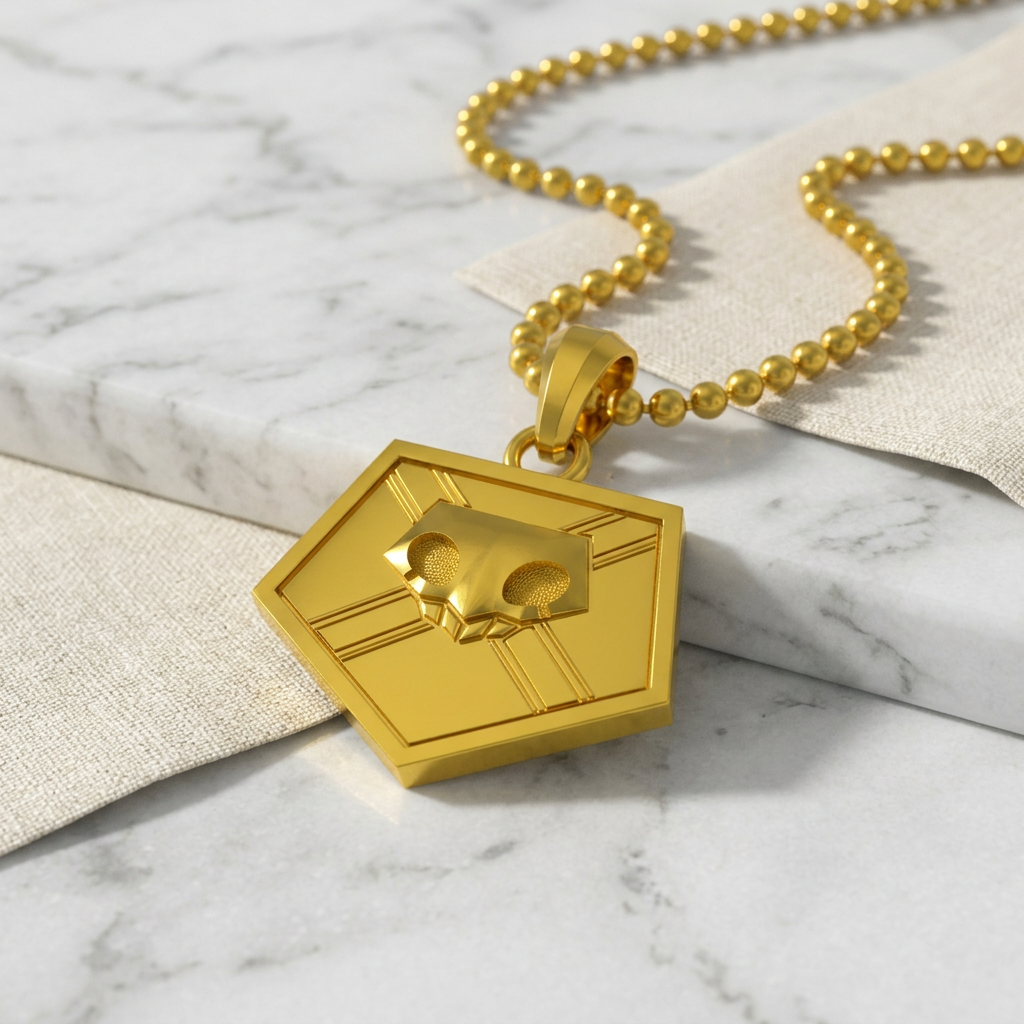 A 14K gold pendant with a design inspired by the Soul Reapers from anime, displayed on a gold chain against a blurred background.