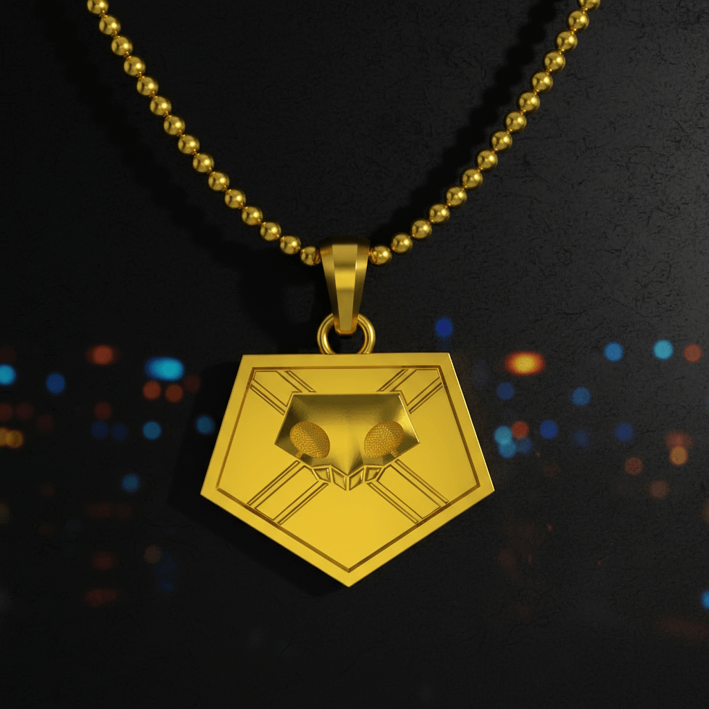 Gold pendant necklace on a dark background with colorful lights
