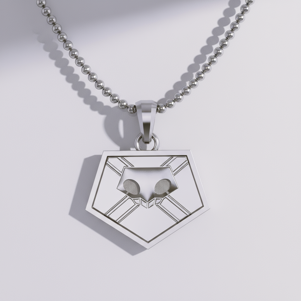 A 14K gold pendant with a design inspired by the Soul Reapers from anime, displayed on a gold chain against a blurred background.