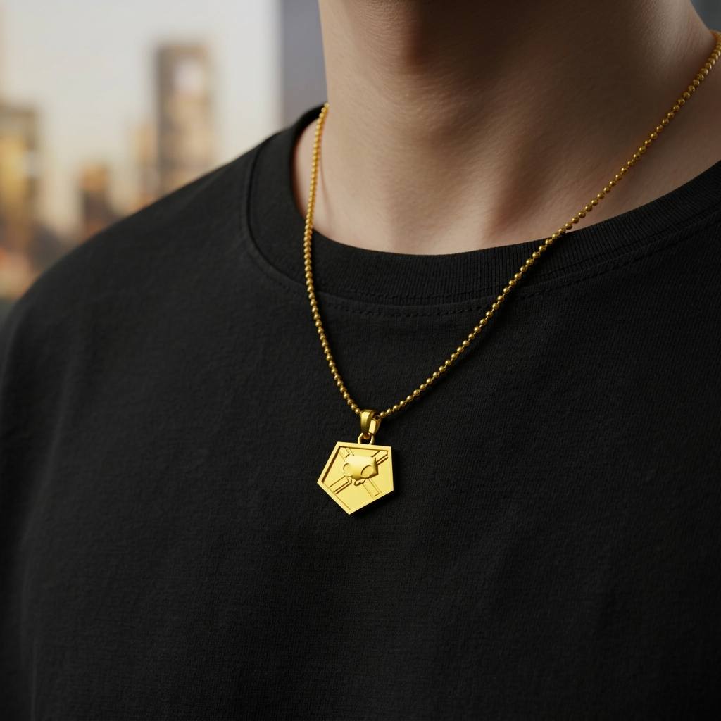 Gold necklace with a hexagonal pendant on a black shirt against a blurred background