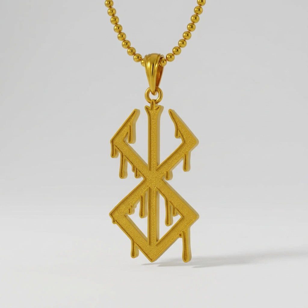 A pendant with a stylized, Bleeding Sacrifice brand logo design in black and white, set against a dramatic background featuring a character from the anime Berserk.