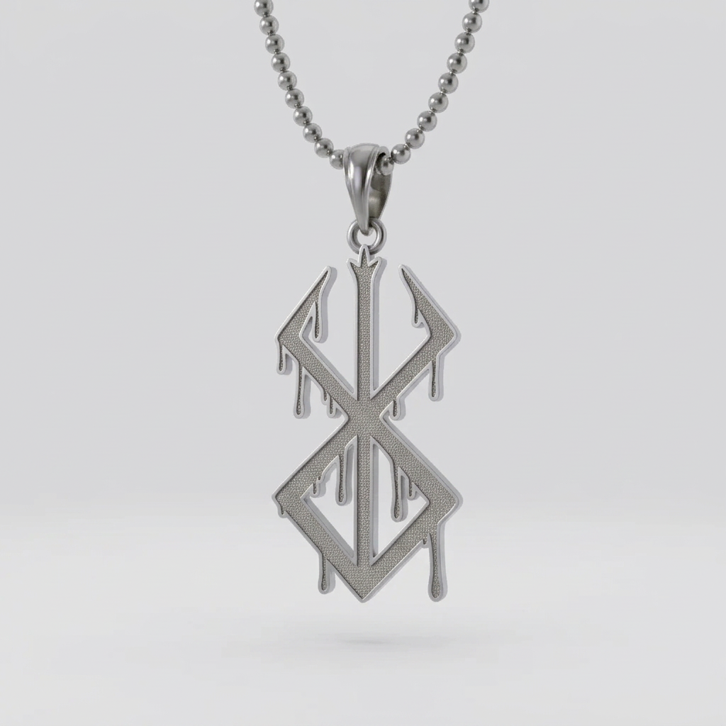 A pendant with a stylized, Bleeding Sacrifice brand logo design in black and white, set against a dramatic background featuring a character from the anime Berserk.