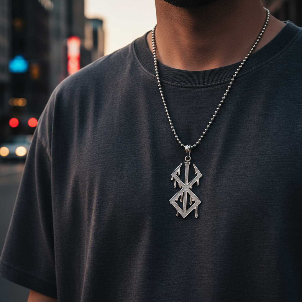 Person wearing a black t-shirt with a silver necklace featuring a pendant.