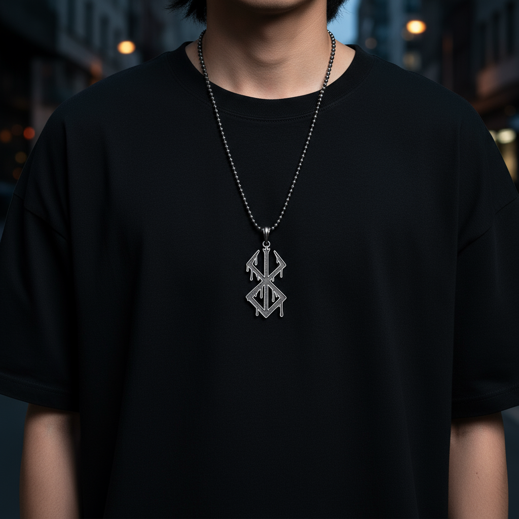 Person wearing a black t-shirt with a silver necklace featuring a unique pendant.