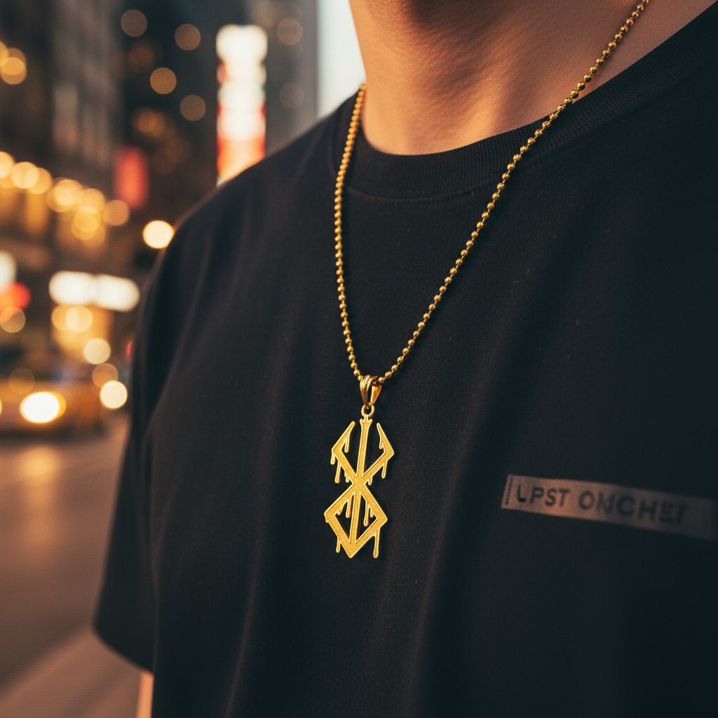 Person wearing a black t-shirt with a gold necklace featuring a geometric pendant, blurred city street in the background.