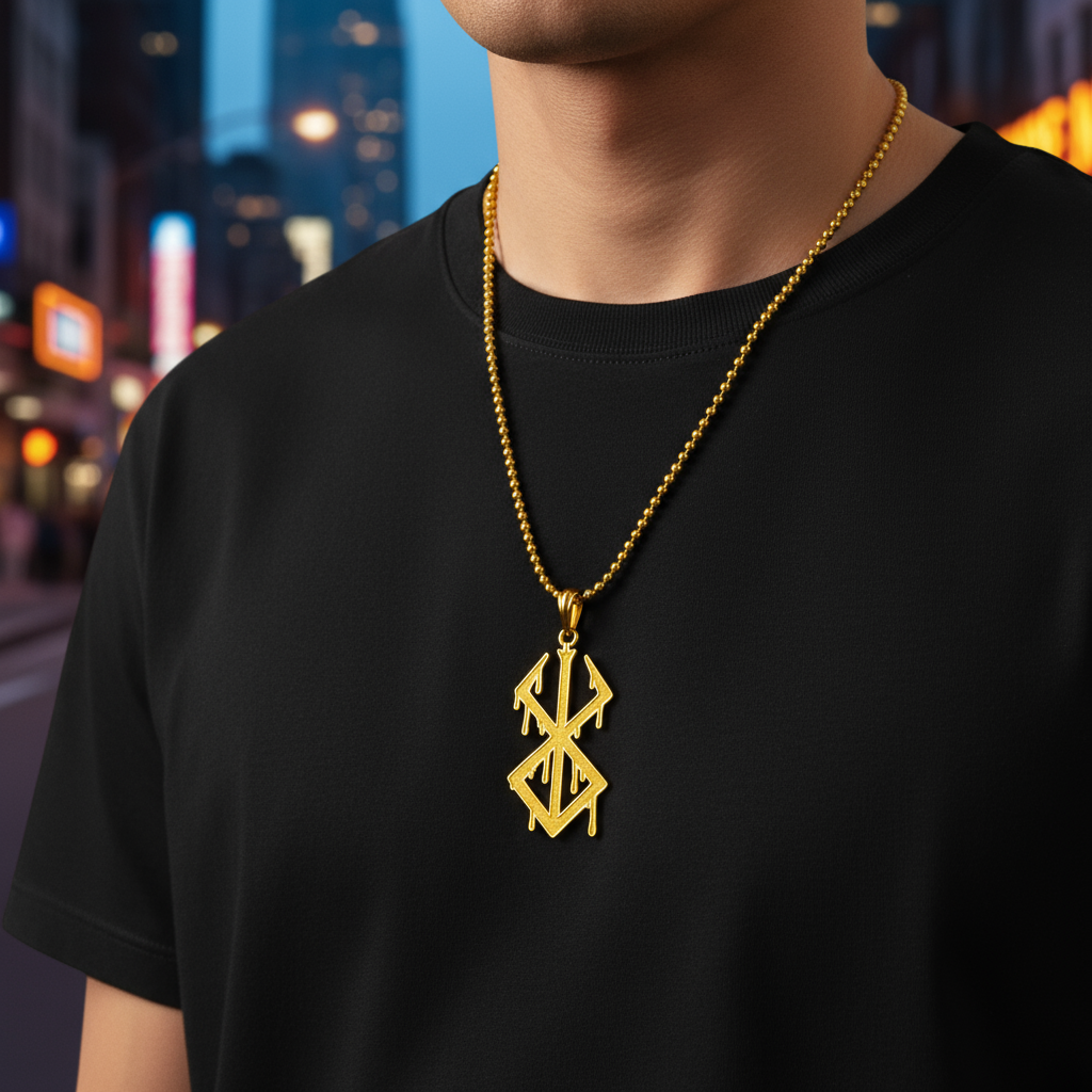 Person wearing a gold necklace with a pendant against a cityscape background