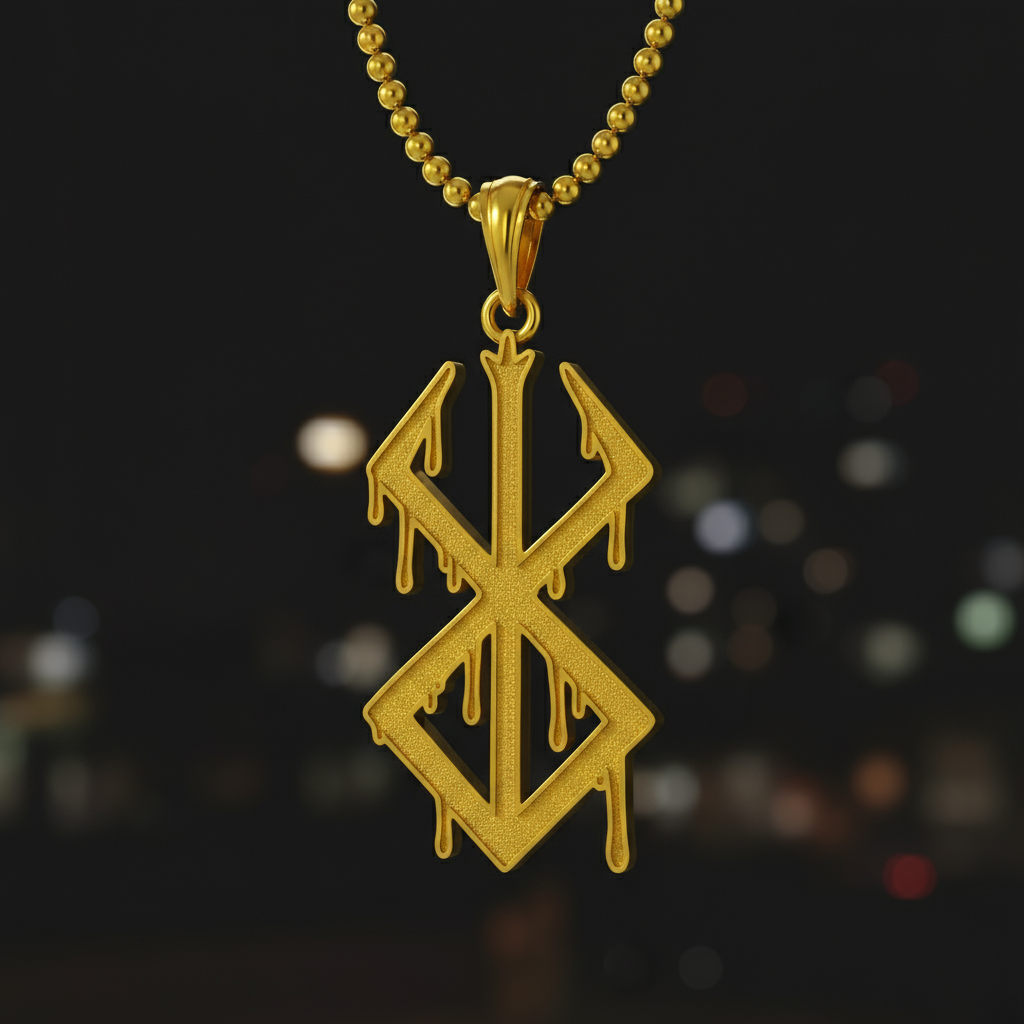 Bleeding Sacrifice in 14K Gold pendant with unique design and polished finish, displayed against a blurred night background.