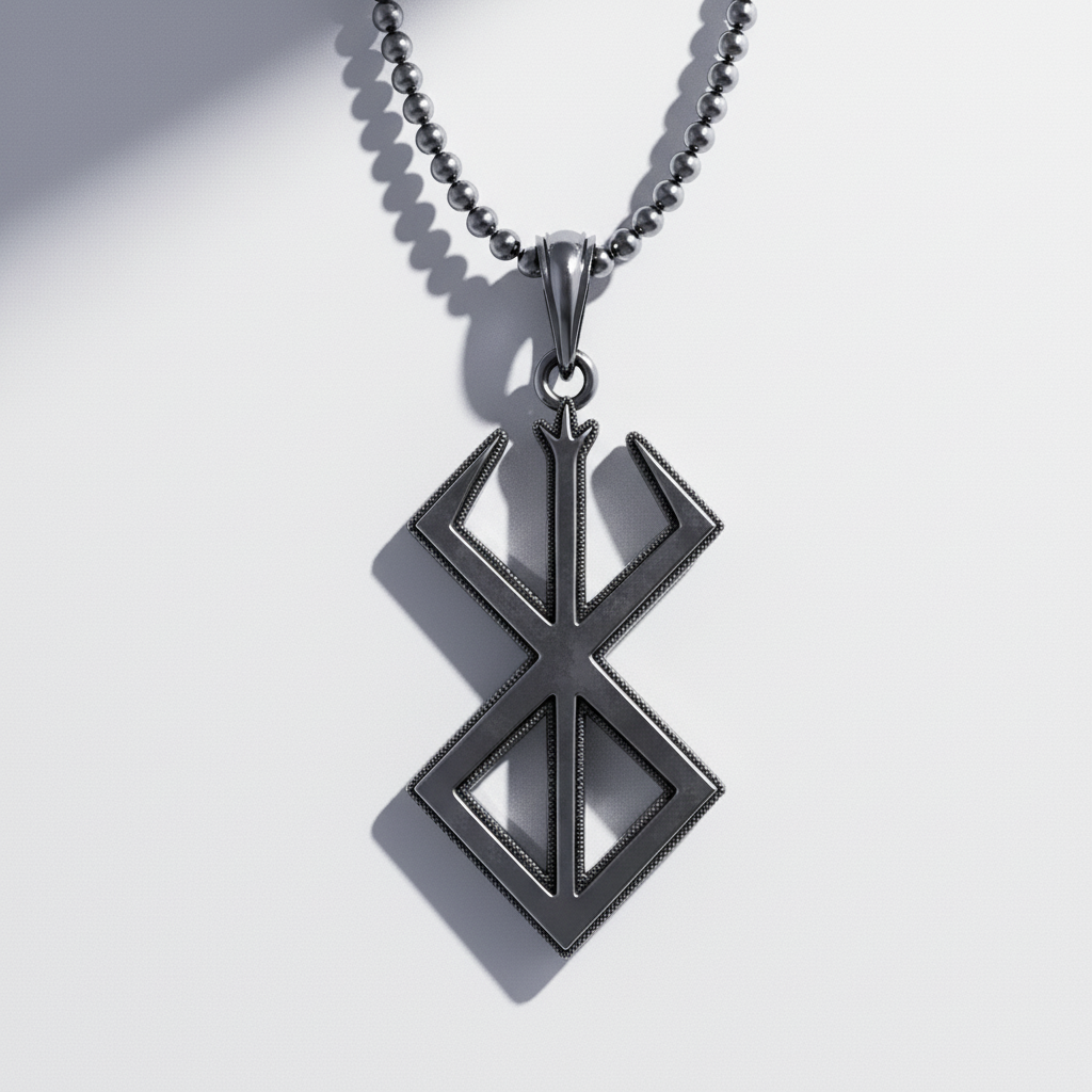 Sacrifice Pendant Anime Inspired in solid black metal design, hanging on a stylish beaded chain.