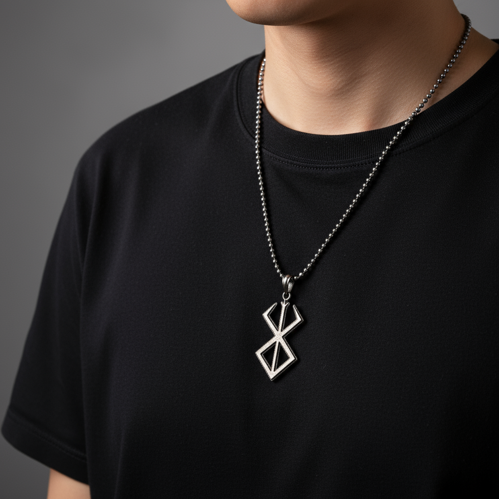 Sacrifice Pendant Anime Inspired worn by a person on a bead necklace against a gray background.