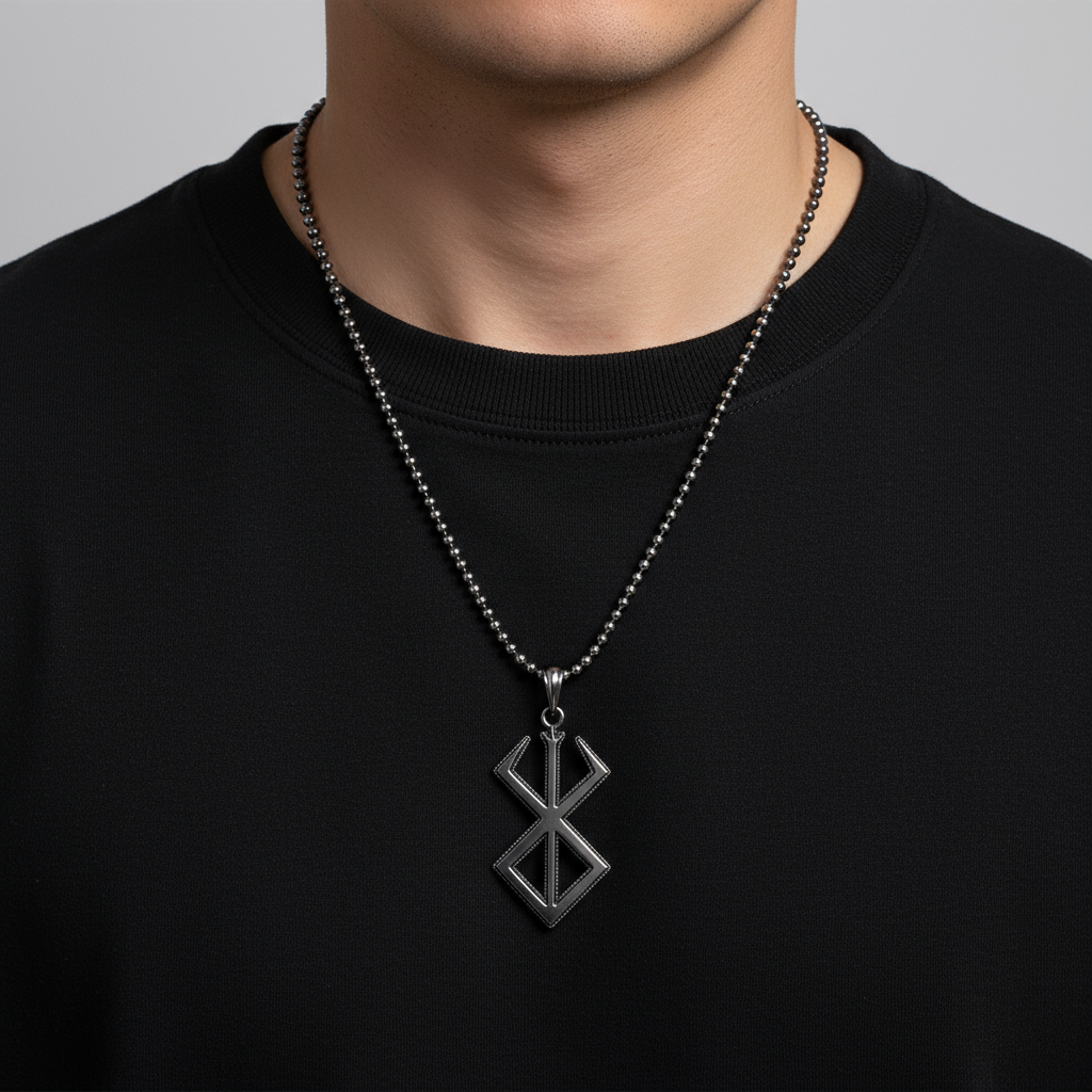 Sacrifice Pendant Anime Inspired worn by a model, featuring a unique geometric design on a chain.