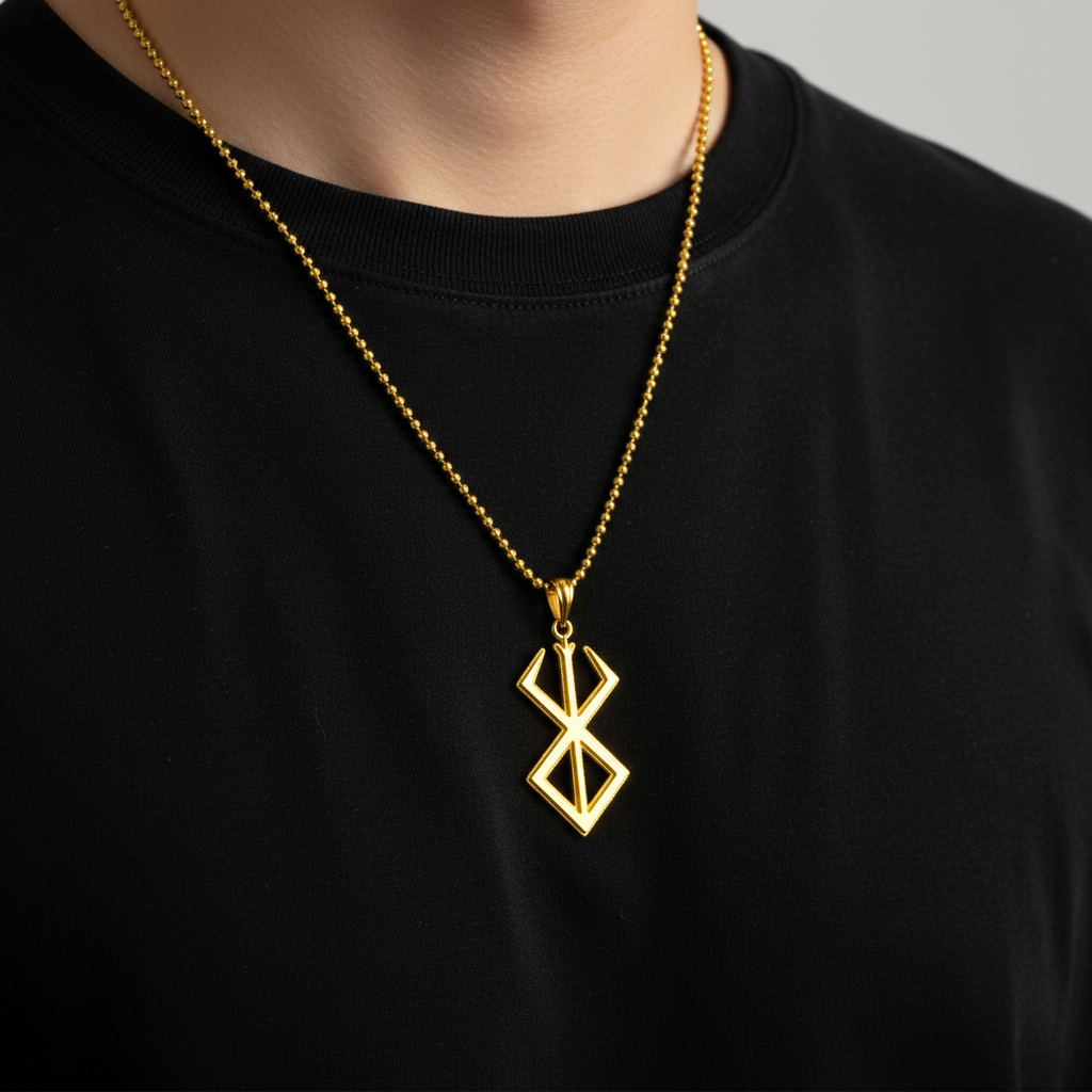 Sacrifice Pendant Anime Inspired necklace displayed in gold vermeil on a black shirt.