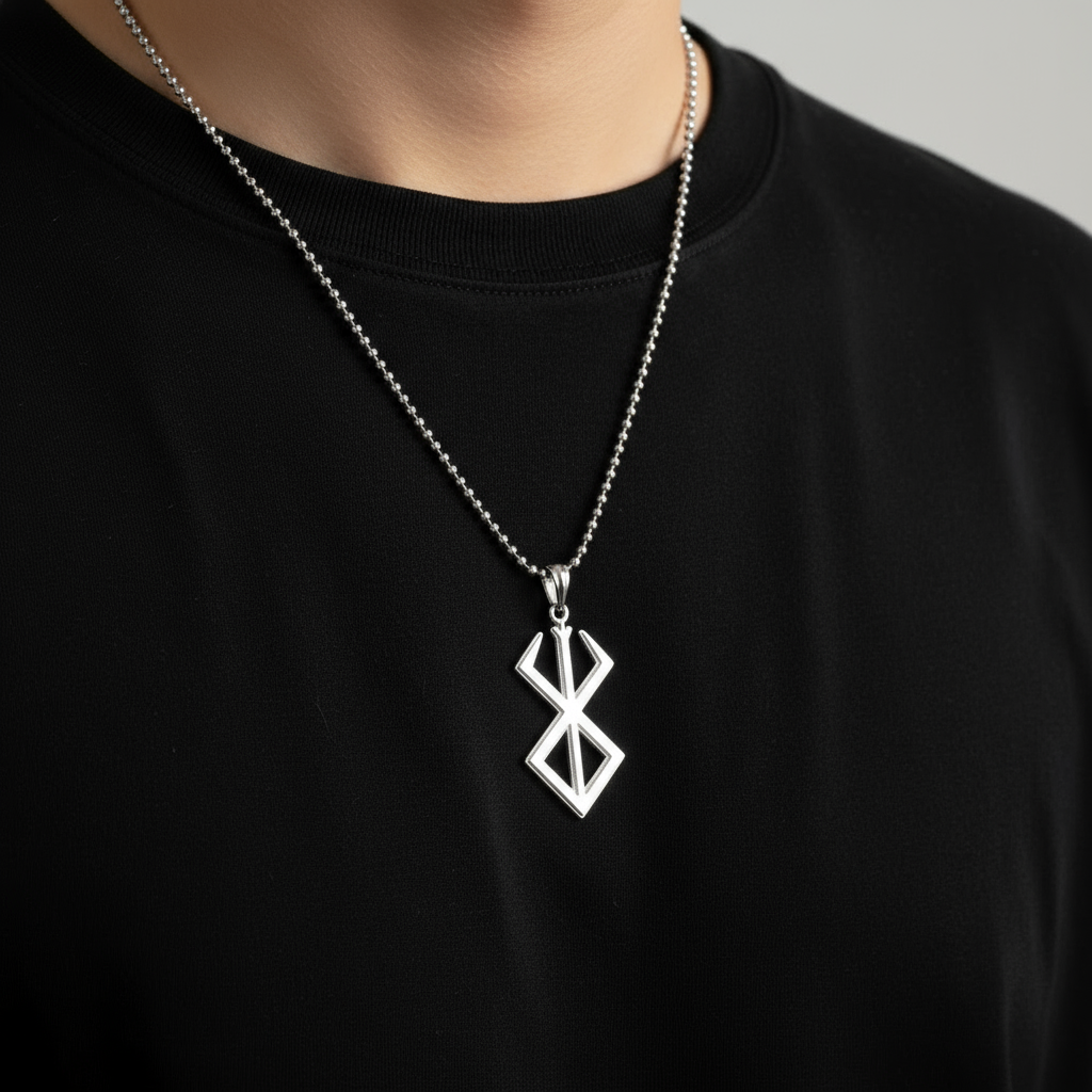 Sacrifice Pendant Anime Inspired worn by a person, showcasing a detailed design in solid silver.